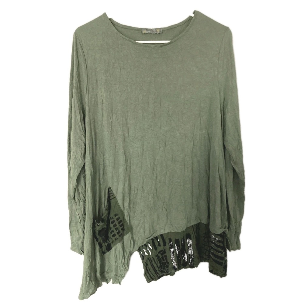 Chalet Et Ceci Shirt Women L Green Crinkle Asym Hem Tunic Top Pocket Boho Hi/Low